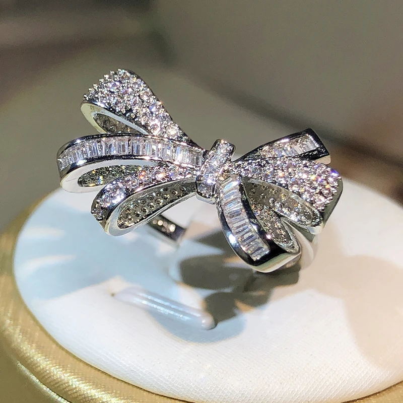 925 Sterling Silver High Quality Bow Bow Bow Bow Zircon Ring Women\'s Fashion Party Birthday Jewelry Rings