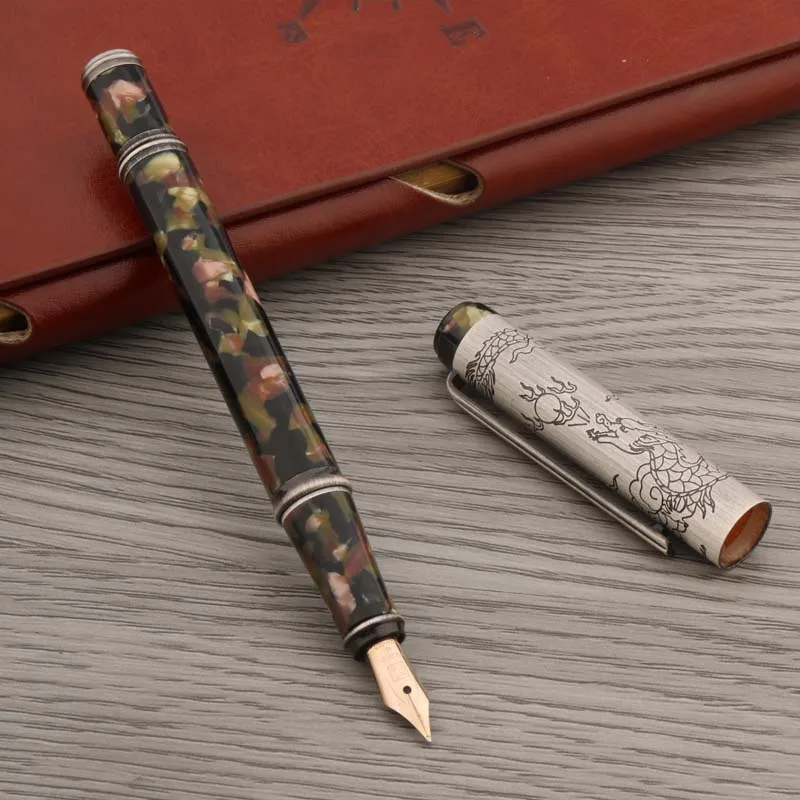 

Luxury Celluloid Nitrate Fountain Pen Classic Copper Antique Sculpture Dragon 10K Nib Stationery School Supplies Gold Ink Pens