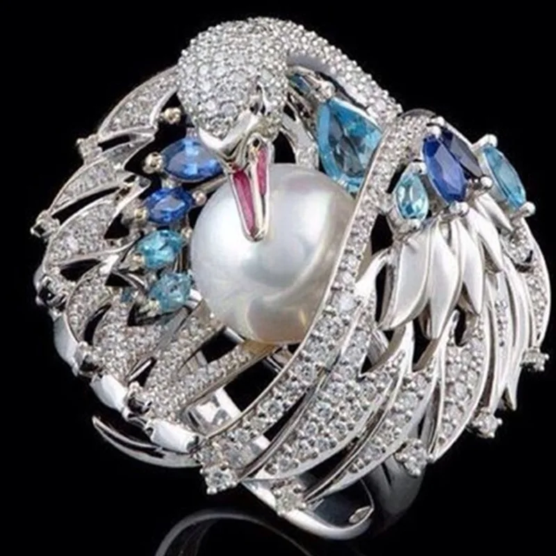 Anillo de compromiso con perlas de cisne blanco para mujer y niña, joyería femenina de lujo, exquisito y brillante, vintage, fiesta