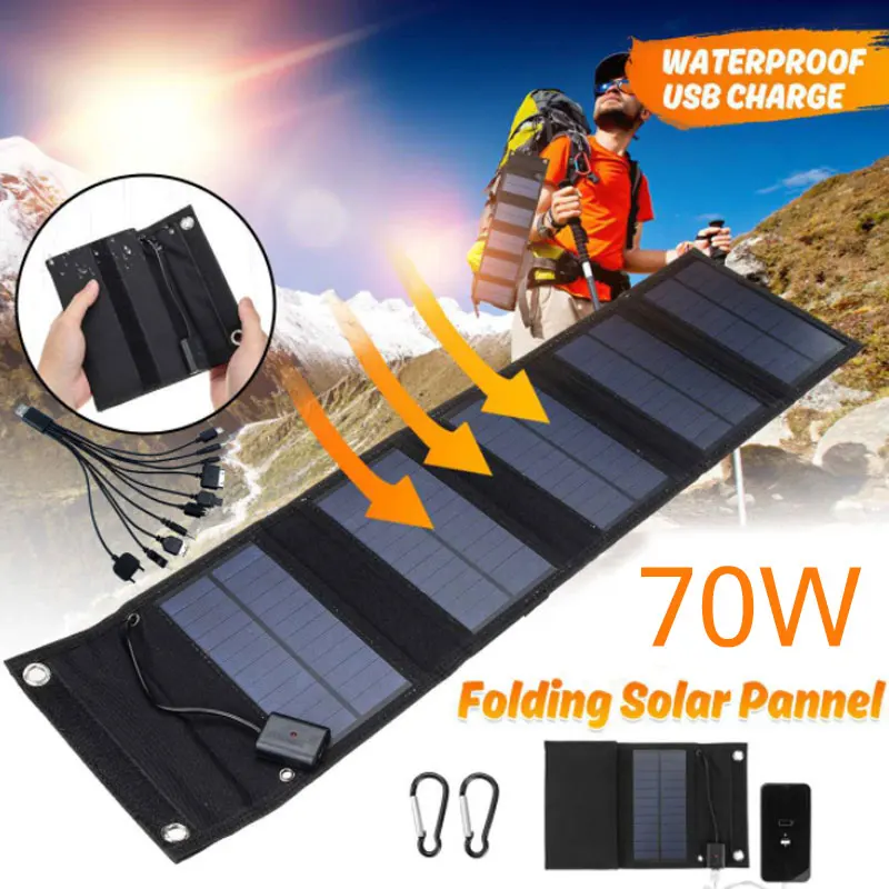 

1Pc Foldable 70W USB Solar Panel Solar Cell Waterproof Charger Outdoor Mobile Power Battery Charger For Camping Hiking