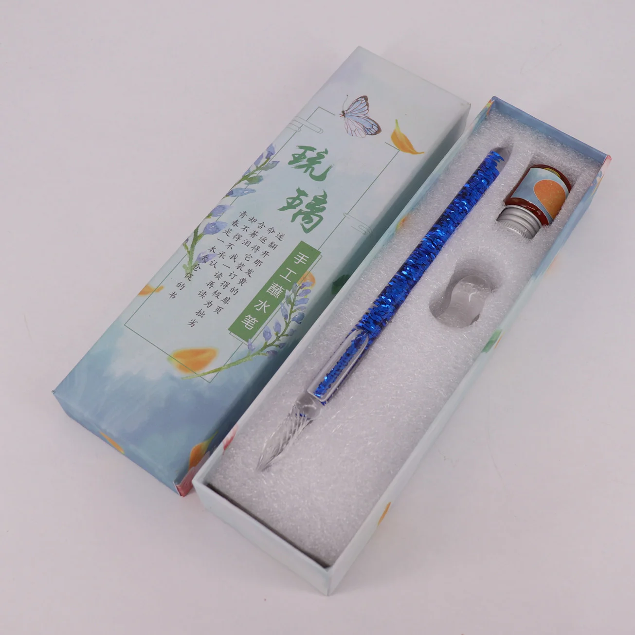 Glass Dip Pen And Ink Set Creative Gift Box Gold Powder Color Ink Handmade Sequined Glass Dip Pencil And Blue Gifts