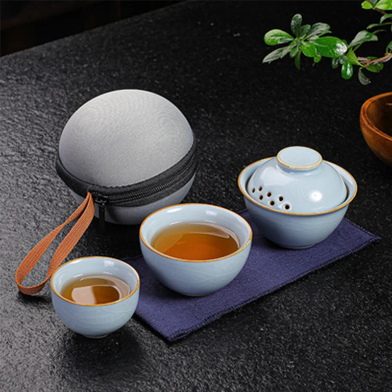 

China Ru Kiln Kuai Ke Cup One Pot Two Cups Ru Kiln Complete Outdoor Portable Travel Tea Set Business Gift Set Kung Fu Tea Set