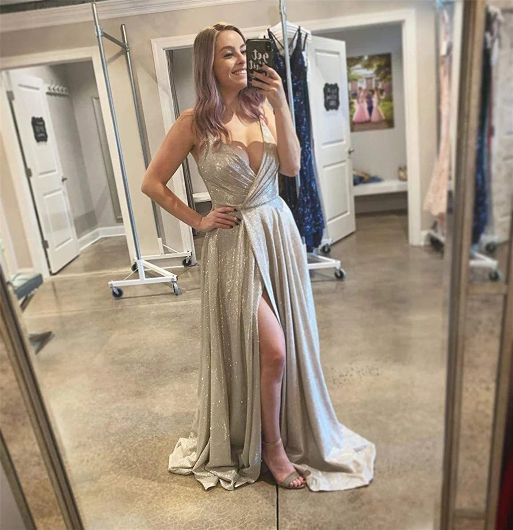 Sexy Lovertjes V-hals Avondjurk Bal Split Lange Een Lijn Jurk Платье Женское Вечернее Robe De Soiree Femme فساتين السهرة