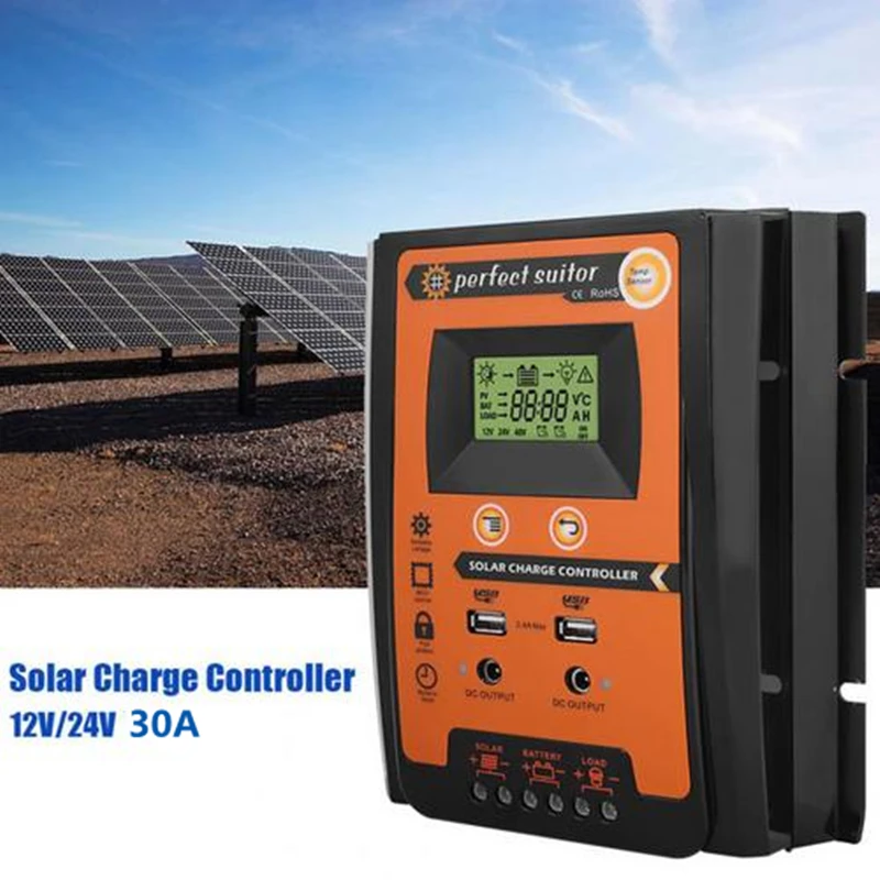 Controlador de Carga Solar Mppt 12v 24v Regulador Solar Usb Duplo com Grande Lcd Ip32 Controlador de Bateria Temporizador de Carga Transporte da Gota