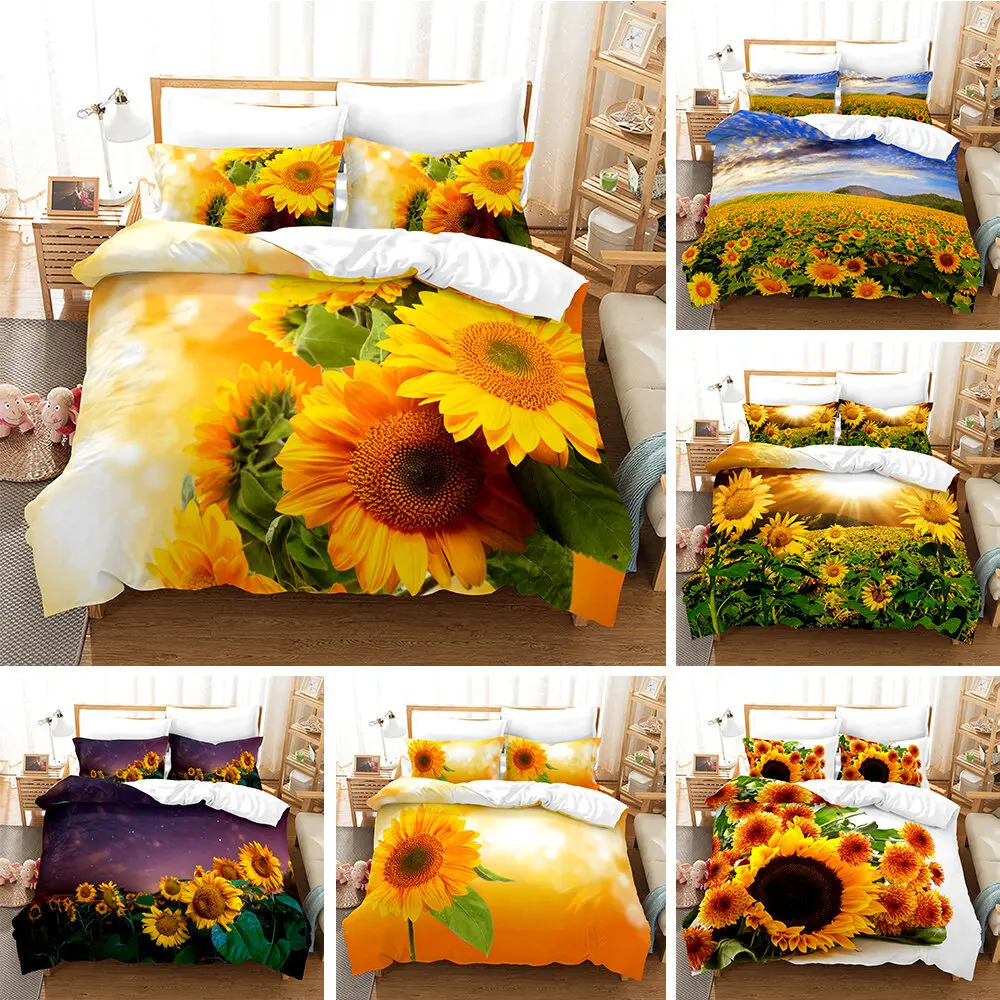 3D Sunflower Duvet Cover & Pillow Cover Set Single Double Twin Full Queen King Size Orange Bedding  Home Textile Yellow Bed Set