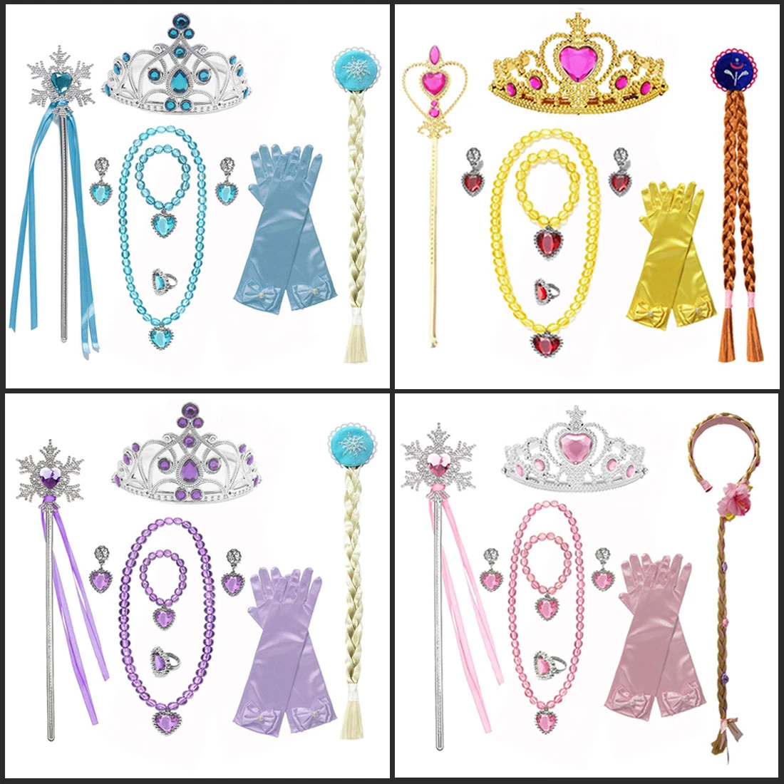 Girls Princess Accessories Set Elsa Anna Rapunzel Aurora Jasmine Crown Magic Wand Necklace Gloves Wig Halloween Party Headwear