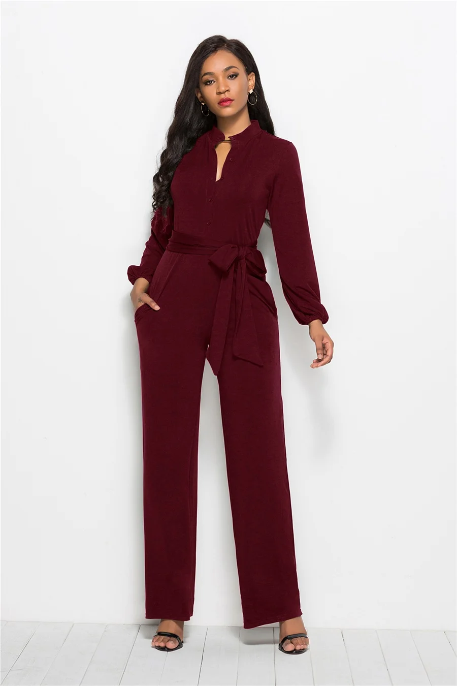 Women Office Jumpsuit Lady Long Sleeve Wide Leg Romper Bodysuit Overalls Playsuit Trouser