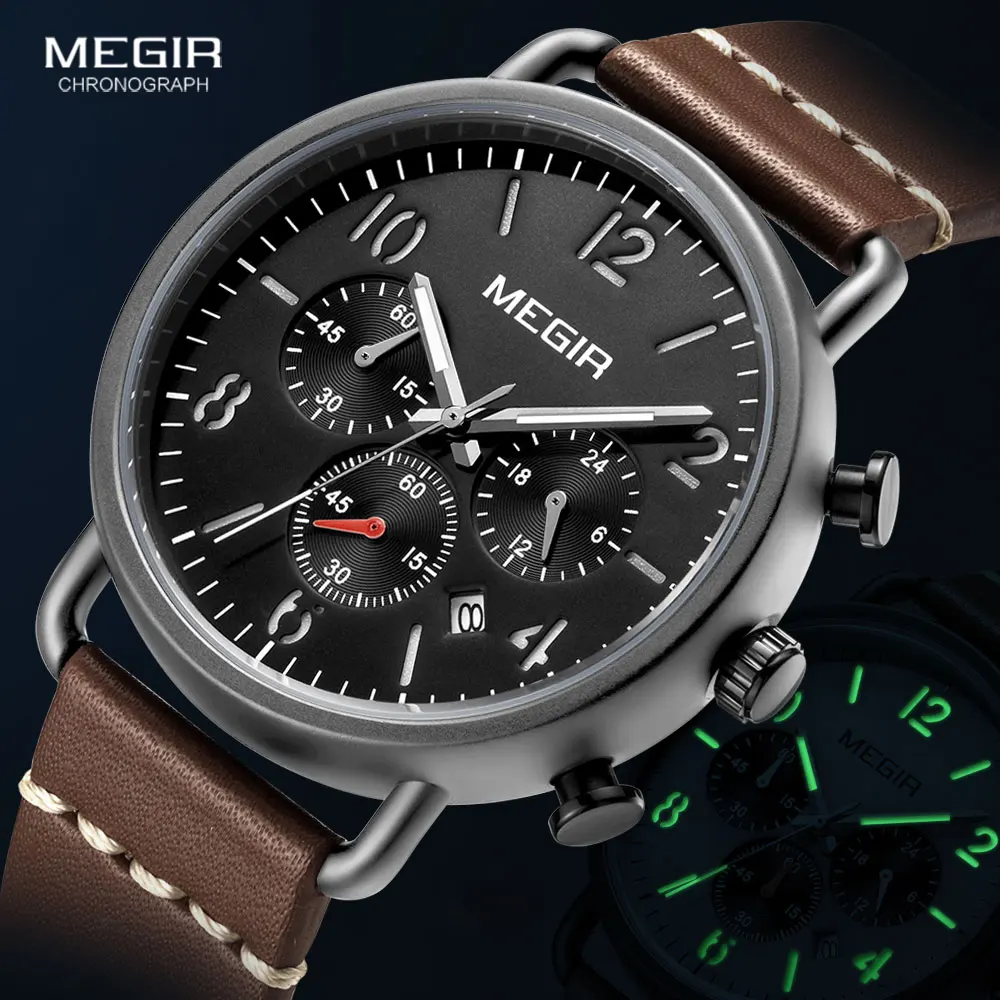 

MEGIR Luxury Watches Men Fashion Leather Strap Chronograph Quartz Watch for Man Casual Sports Luminous Wristwatch Relogio Clock