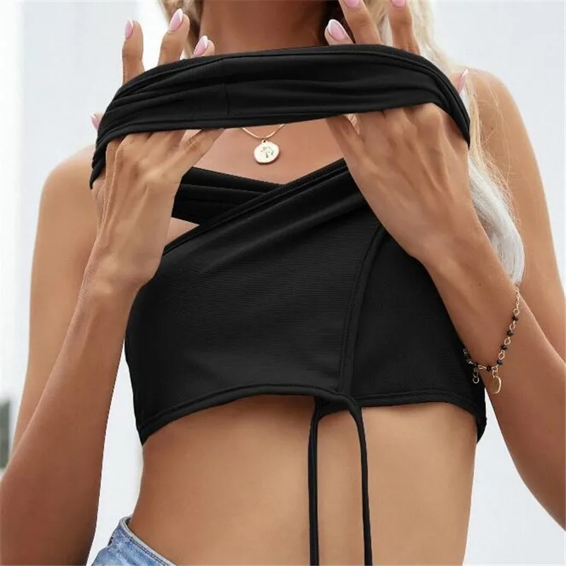 Black Sexy Bandage Halter Crop Tops For Women's Sleeveless Backless Club Party Chic Wrap Cropped Top Slim Summer Streetwear