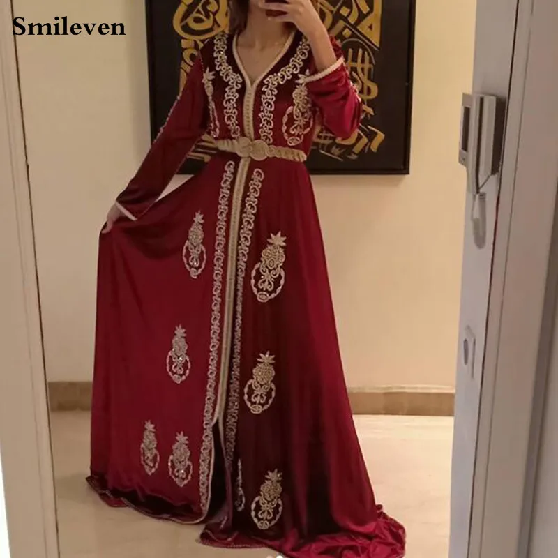 Smileven Chiffon Marokkaanse Caftan Avondjurken Lange Sleevees V-hals Moslim Speciale Gelegenheid Jurk Crystal Avond Party Gown