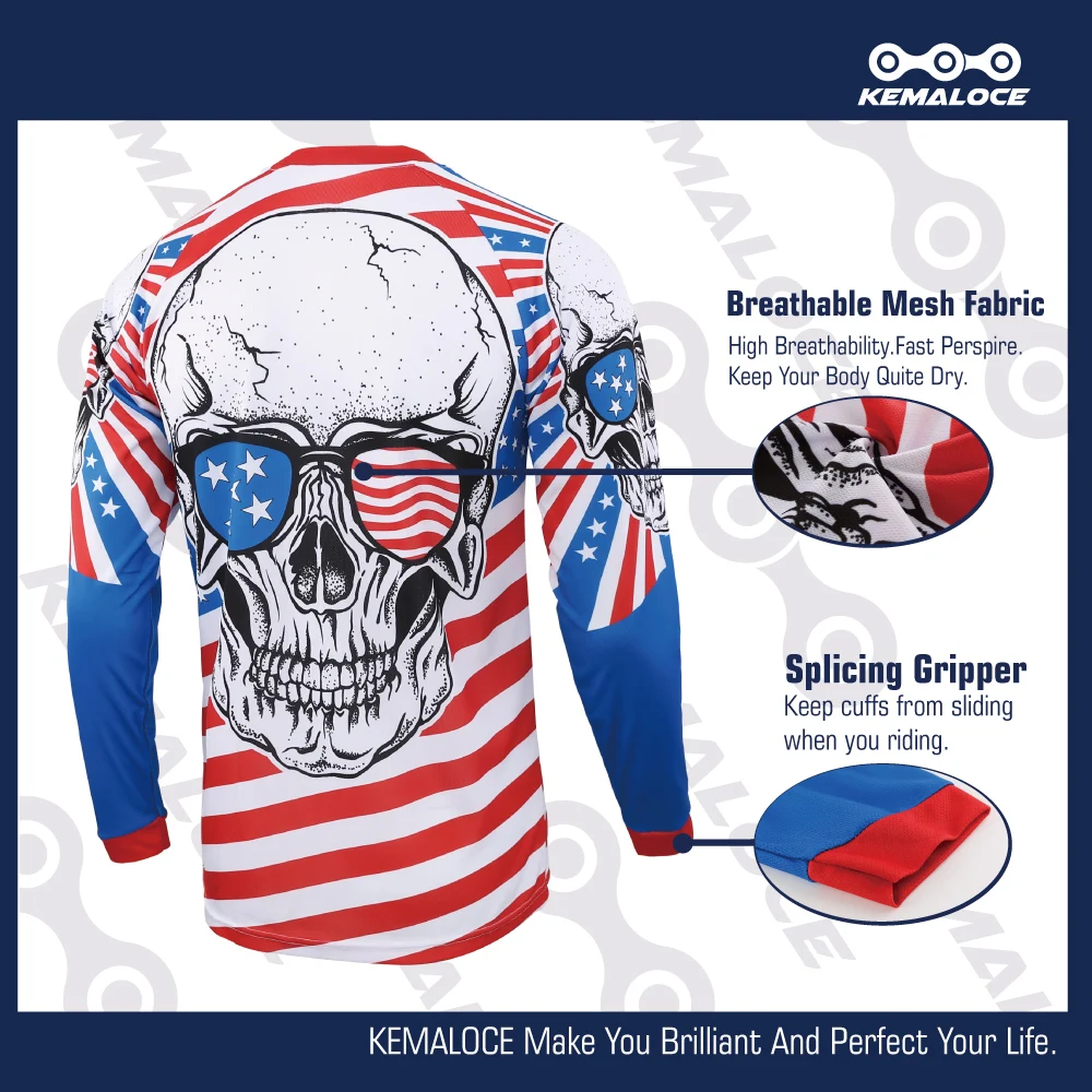 KEMALOCE Blue Full Sleeve Downhill Mtb Jersey Enduro Motocross Men USA Mountain Bike Jersey Unisex Skull BMX Downhill Shirt Tops