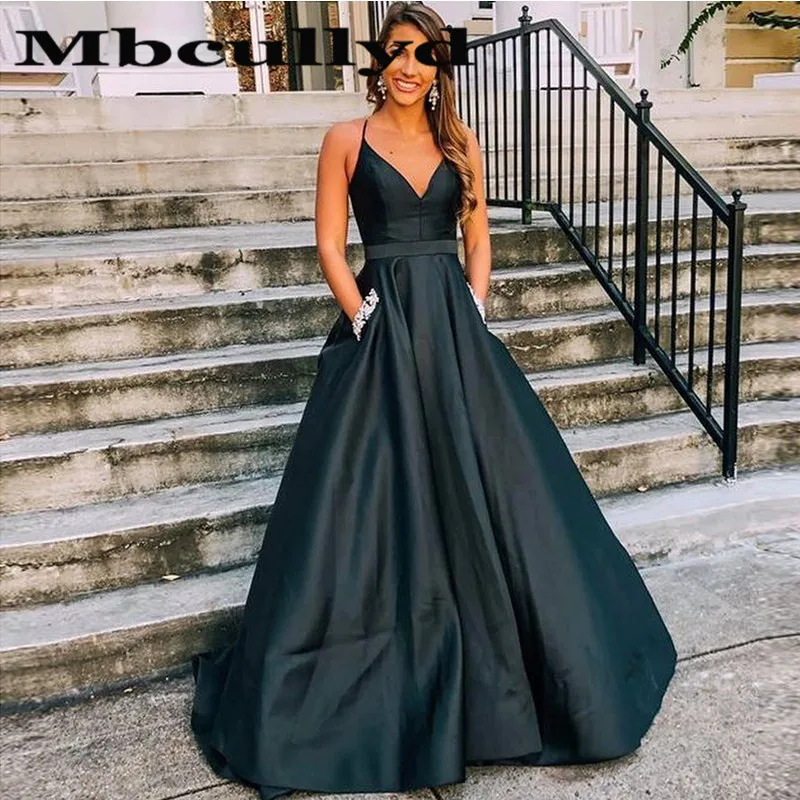 Mbcullyd-vestido De noche negro satinado con cuello De pico, vestido Formal elegante para fiesta De graduación con bolsillo, 2020