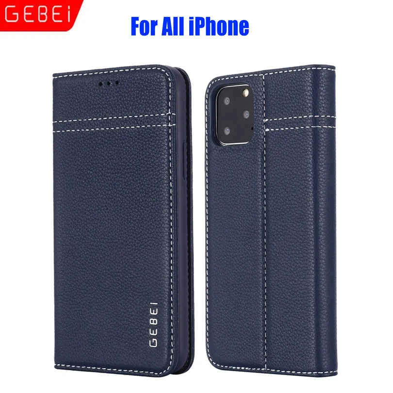 Luxury Brand GEBEI Genuine Leather Flip Unique Magnet Design Stand Case Cover For iPhone 15 14 13 12 Pro Max 11 Xs 8 7 6 Plus