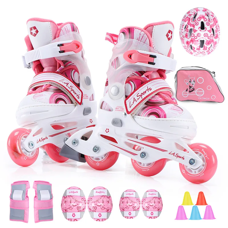 One Line Roller Skates for 3~10 years old Kids Inline Skate Roller Skating Shoes Helmet Knee Protector Gear Adjustable