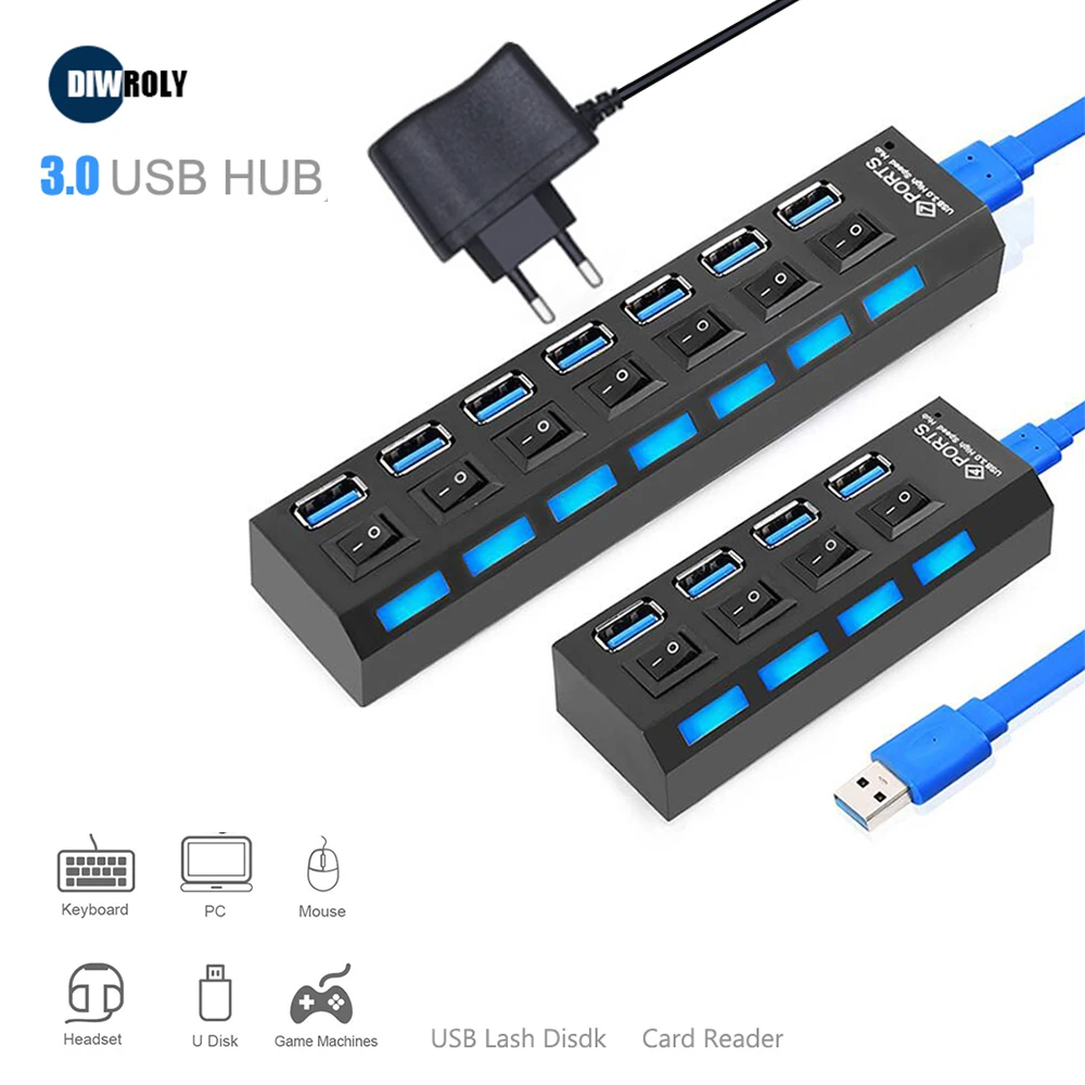 Hub USB 3,0 Hub USB de 3 USB 2,0 Multi USB de alimentación del divisor de adaptador de puerto 4/7 múltiples expansor 2,0 con interruptor accesorios para PC