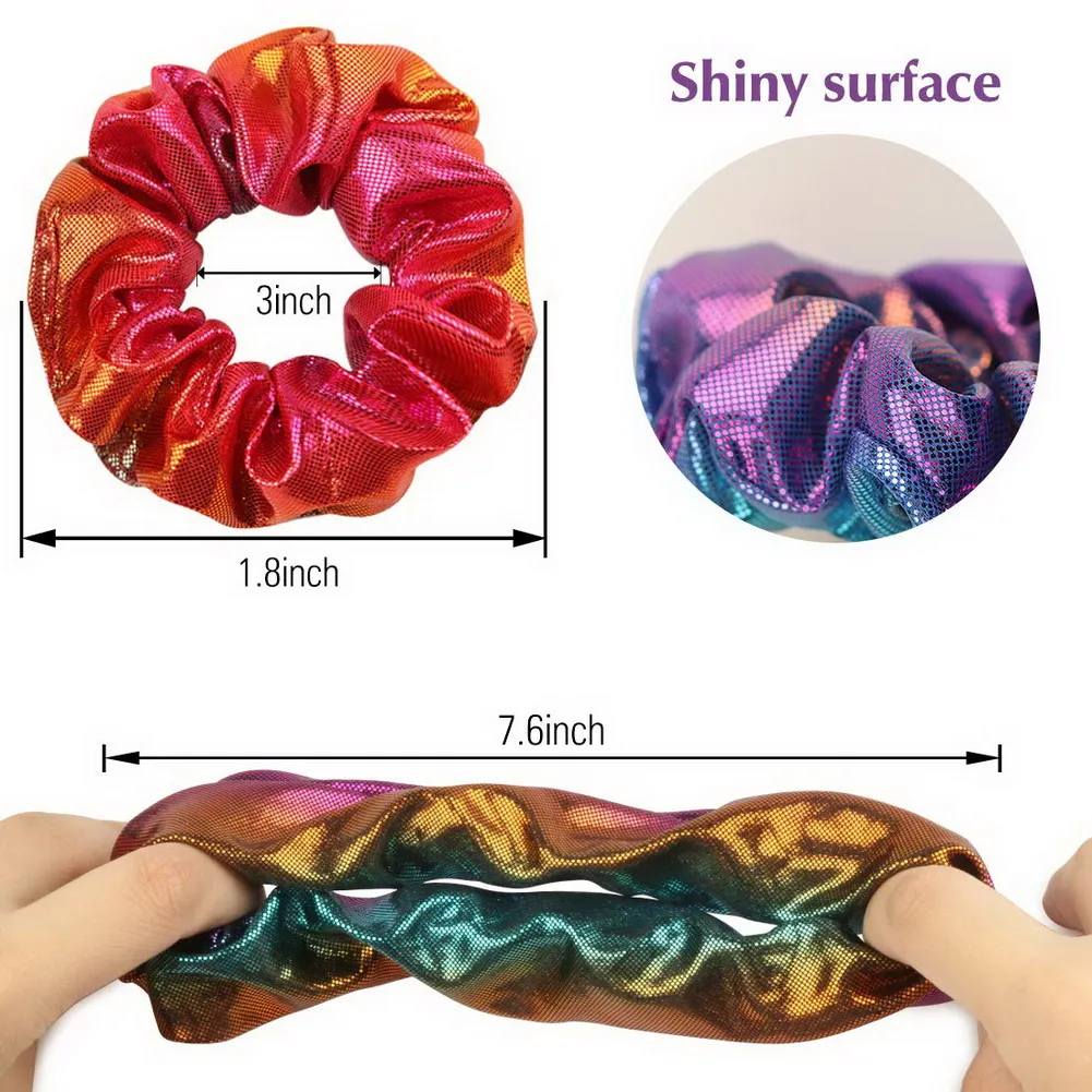 100Pcs Metallic Rainbow Satin Scrunchies for Curly Hair Tie Dye Girls Women Fashion Silk Elastic Hair Ties