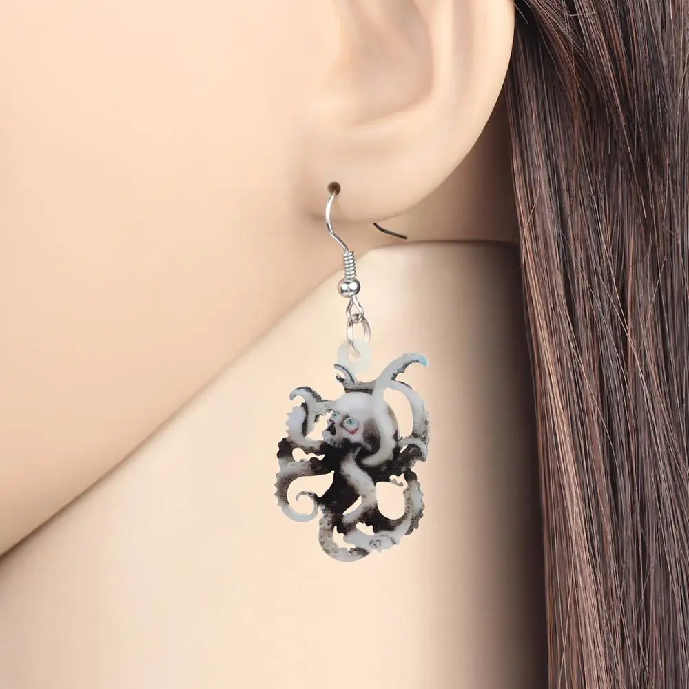 WEVENI Acrylic Halloween Gray Skeleton Octopus Earrings Prinit Skull Dangle Drop Jewelry For Women Girl Birthday Gift Decoration