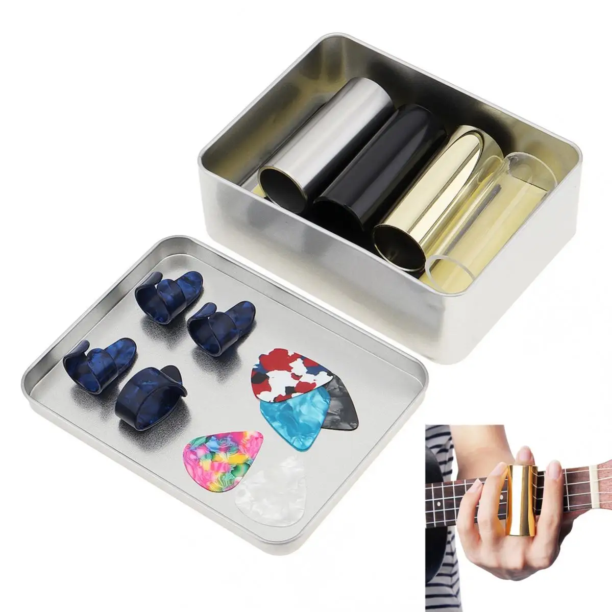 

15pcs/lot Guitar Slide Picks Kit Stainless Steel Slides Thumb Finger Celluloid Guitar Ukulele Picks Sticker with Box