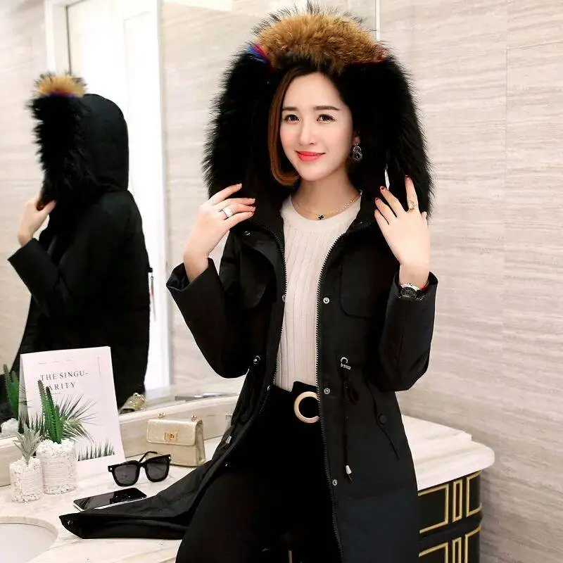 Fashionable High Quality hooded down coat ladies Parker Jacket Large Collar Trim Winter Top Warm Fur Lined Coats