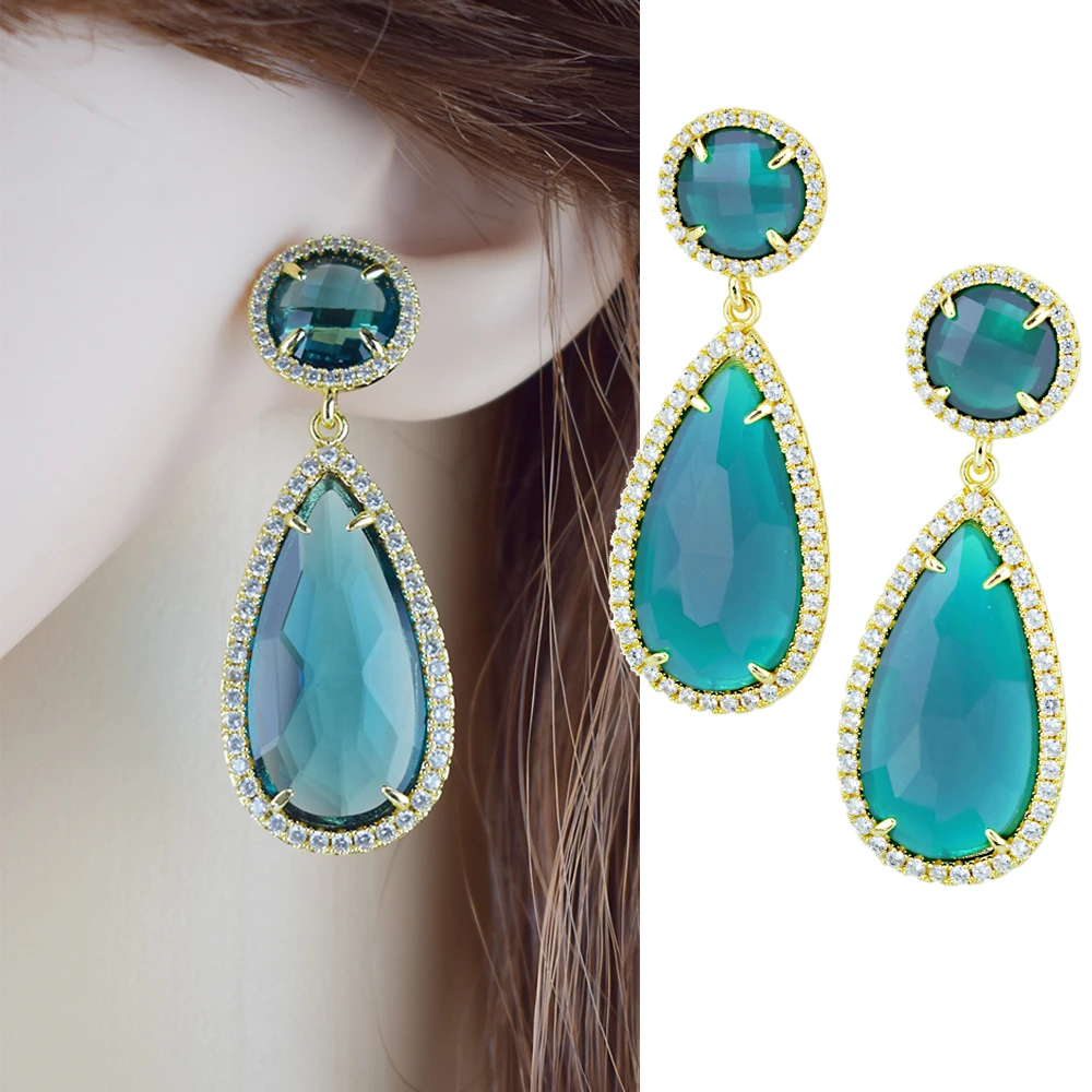 Vintage Gold Color Green Crystal Earrings for Women Wedding Party Waterdrop Statement Indian Jewelry Trendy Drop Earrings Gift