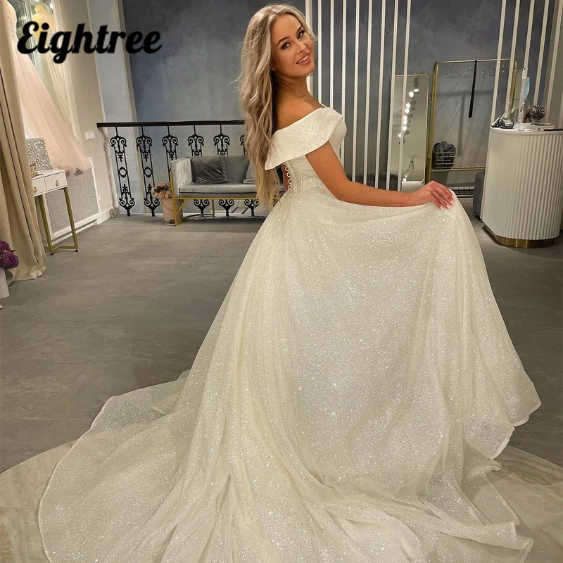 Robe de mariée blanche à paillettes pour la plage, style Boho, épaules dénudées, ligne a, grandes tailles