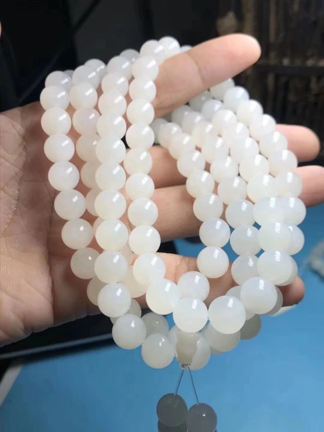 

8mm Rare Nature Jade grade tridacna prayer Bead Bangle Necklace Giant clam 108 bead spirit peace bracelet