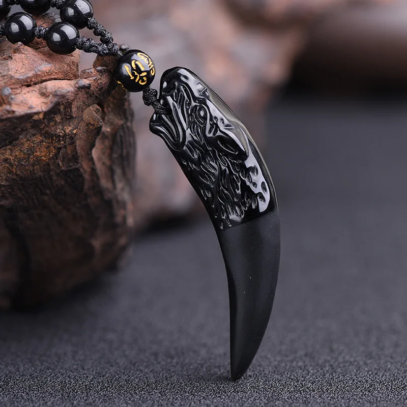 New 100% crystal natural obsidian Wolf's Tooth pendant Tooth lucky Amulet and  hyperbole punk necklace lucky win necklace