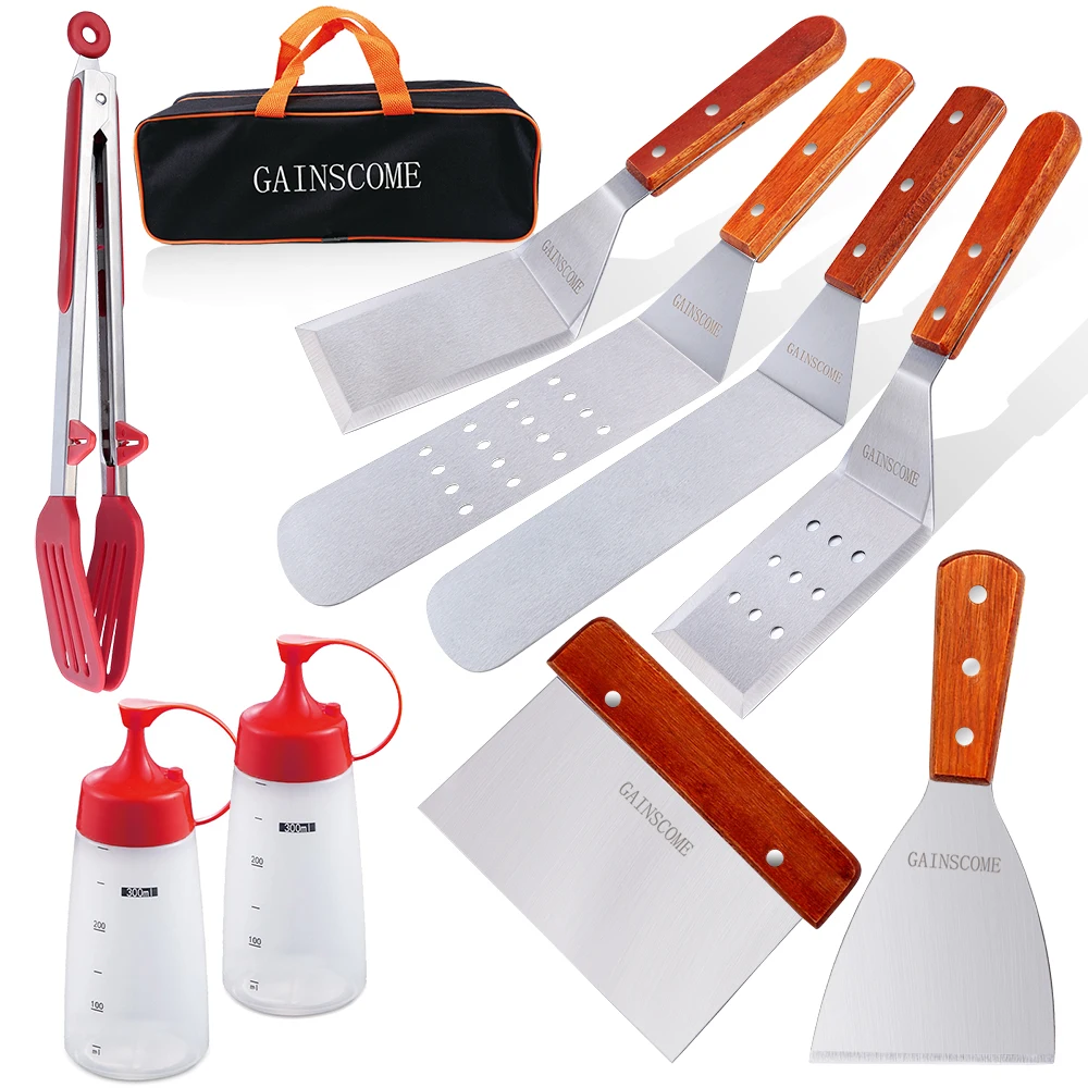 

GAINSCOME Griddle Accessories Kit, 9PCS Professional BBQ Kit in Gift Carry Luggage Stainless Steel Griddle Tool Set Camping