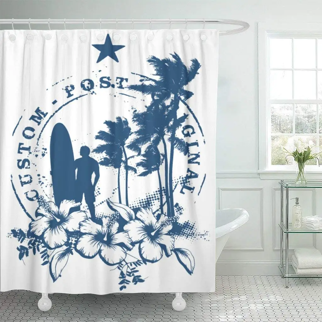 Hawaiian Surf Stamp Summer Flower Surfer Vintage Surfboard California Shower Curtain Waterproof 72 x 72 Inches Set with Hooks