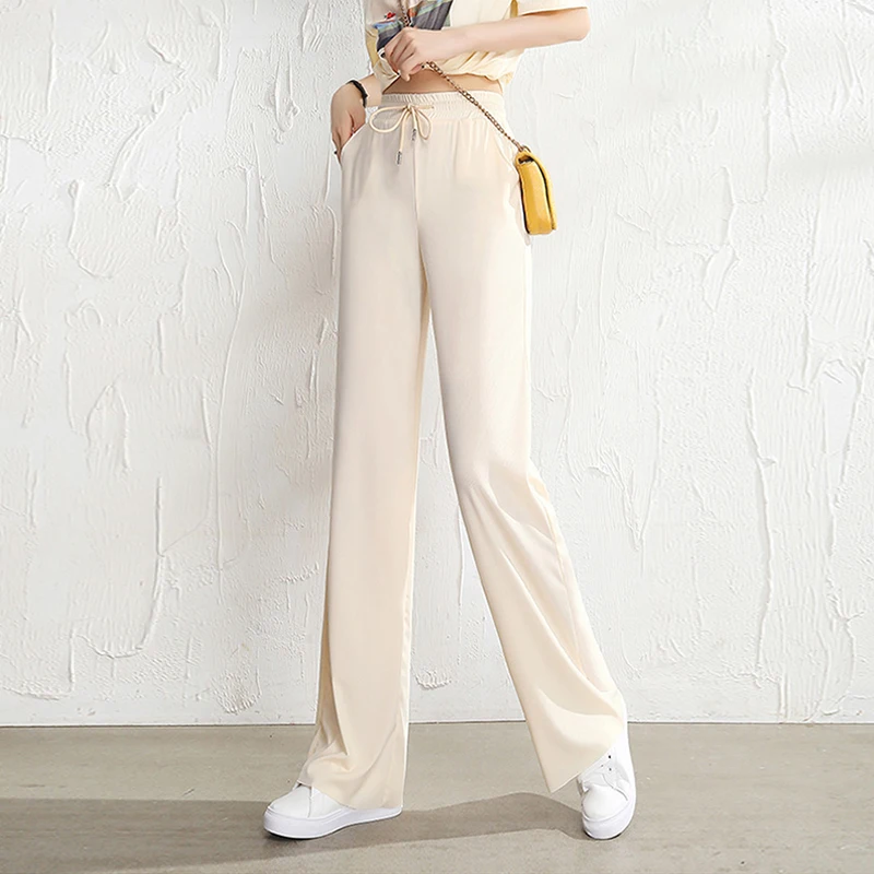 REALEFT Summer 2021 New Women Loose Pants Wide Leg Female Trousers Elastic Ice Silk Casual Lace Up High Waist Pants