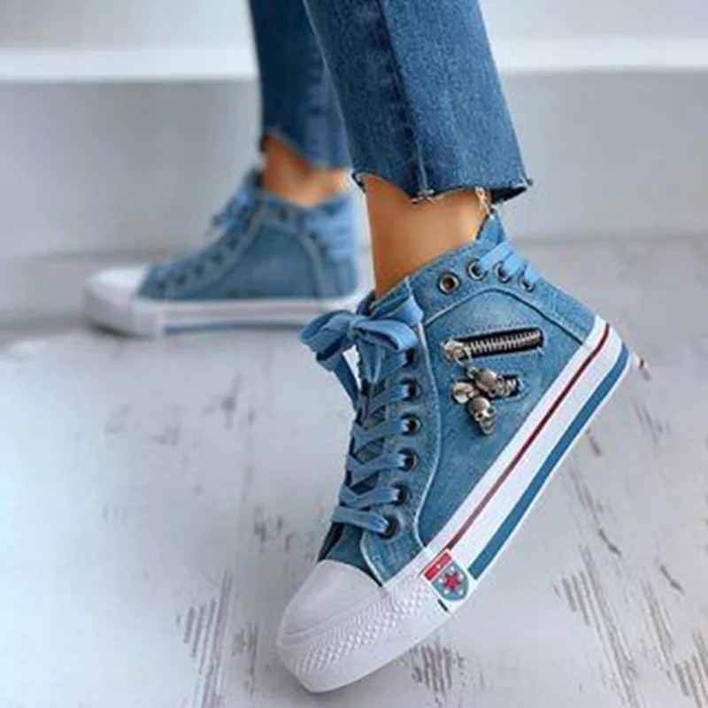 Vulcanize Shoes Women Canvas Chic High Top Denim Leisure Footwear Womens All-match Flat Zipper Walkin Korean Ladies Breathable