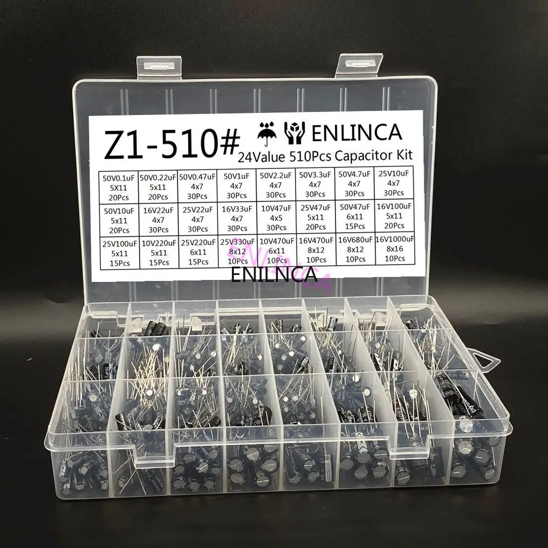 

510Pcs/lot 0.1UF-1000UF 24Values Aluminum Electrolytic Capacitors 16-50V mix Electrolytic capacitor Assorted kit and storage box