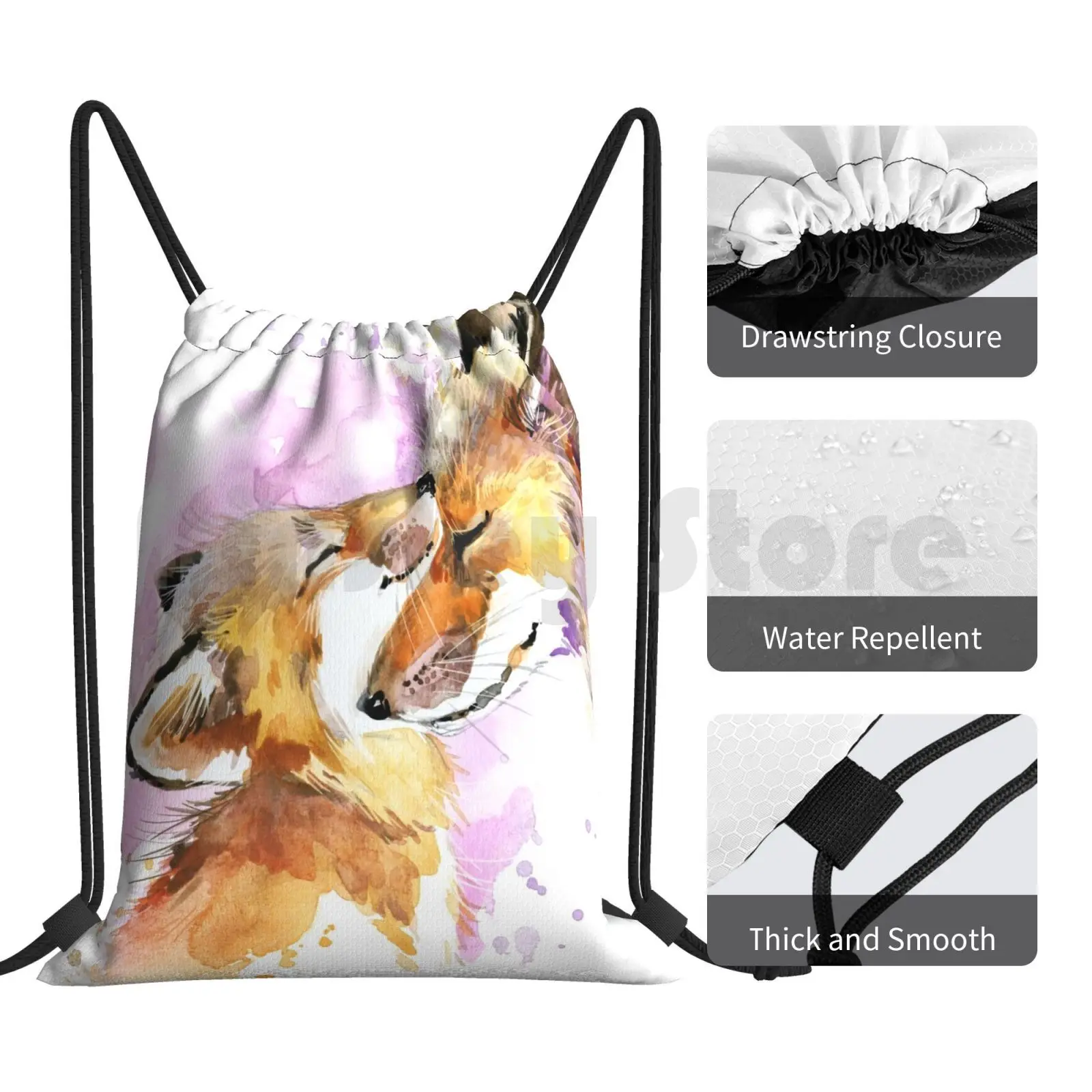 아름다운 여우 엄마와 새끼 수채화 디자인. 배낭 졸라매는 끈 가방 승마 등산 체육관 가방 폭스 폭스 어머니 엄마 엄마