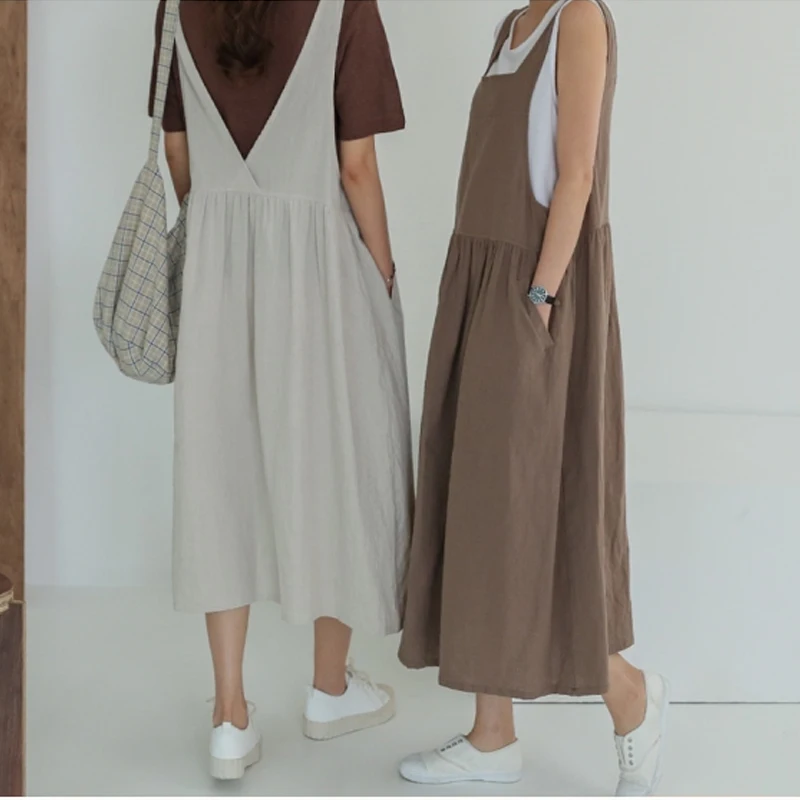 New 2026 Summer plus Size XL-5XL Cotton Linen Women\'s Sleeveless Tank Vestido Dress with Pockets Ladies Robe Style Clothing KE02
