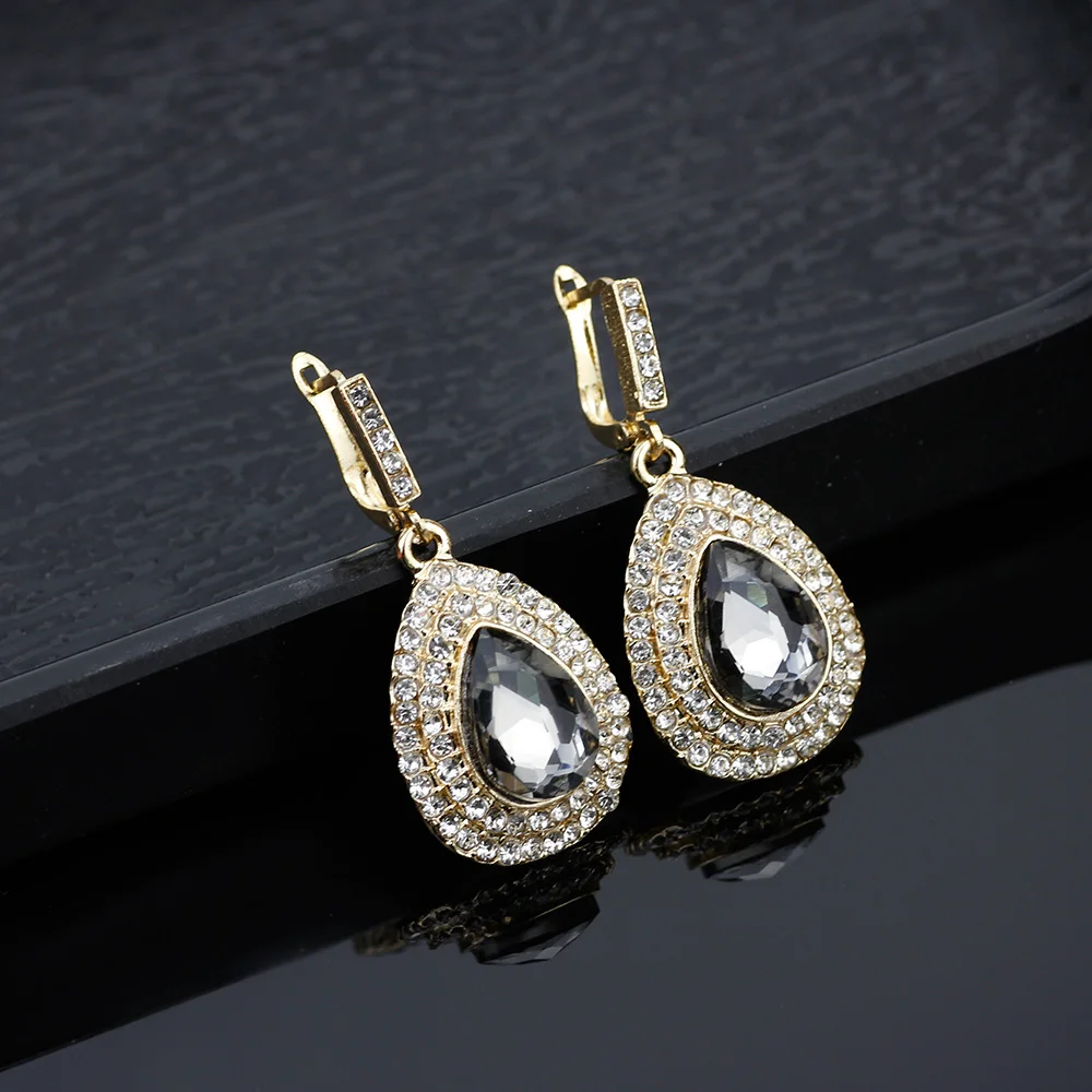 Sunspicems Vintage Bohemia Gray Crystal Dangle Drop Earrings for Women Retro Gold Color Turkish Ethnic Wedding Jewelry