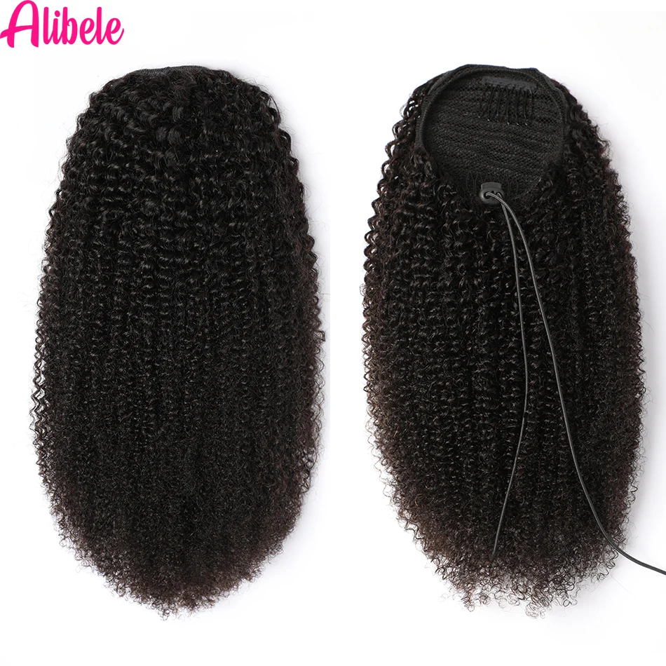 Alibele ekstensi rambut manusia, Mogolian Afro keriting serut ekor kuda 4B 4C Remy 10-28 inci klip panjang ekstensi ekor kuda