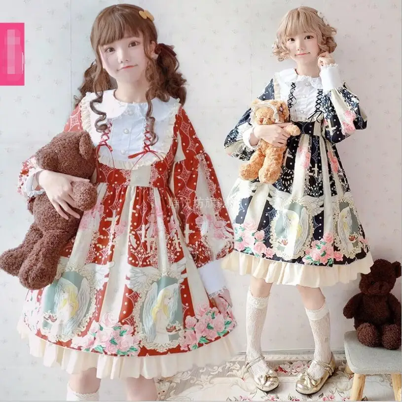 Lolita-Robe OP à manches longues à volants doux japonais, col claudine Lolita, cour rétro pour adolescentes, Cos Loli, robe de princesse