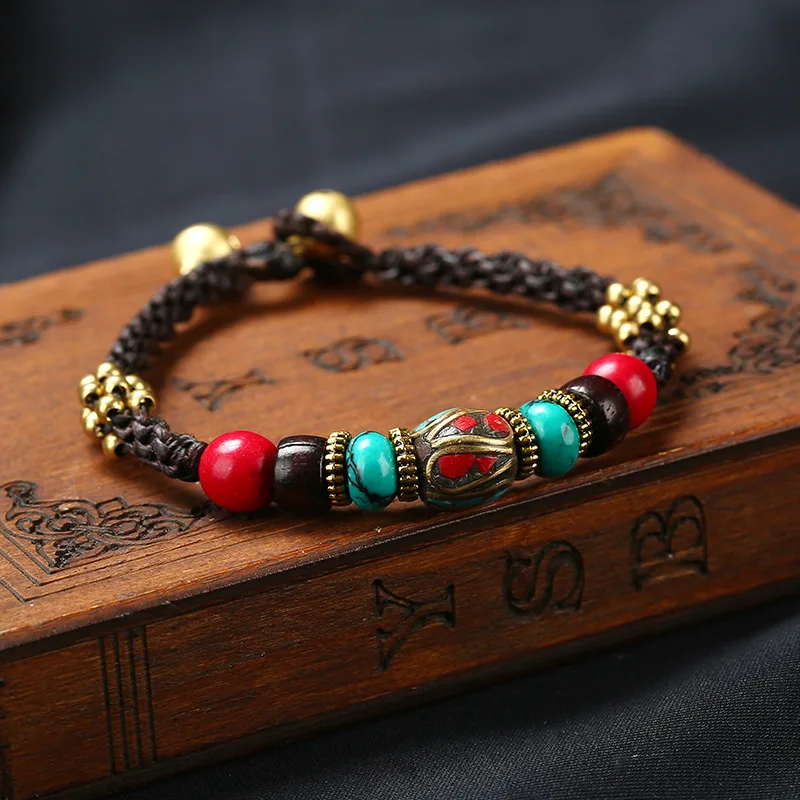 Bohemian ethnic style retro semi-precious stones fashion ladies bracelet wax rope hand-woven creative charm bracelet