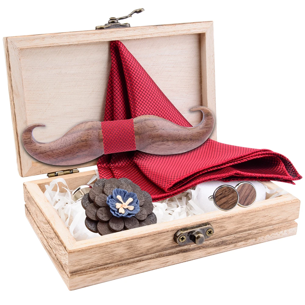 

Novelty 3D Mustache Wooden Bow Tie For Men Gift Red Bule Plaid Pocket Square Cufflinks Brooch Bowtie Set And Wooden Box Ties