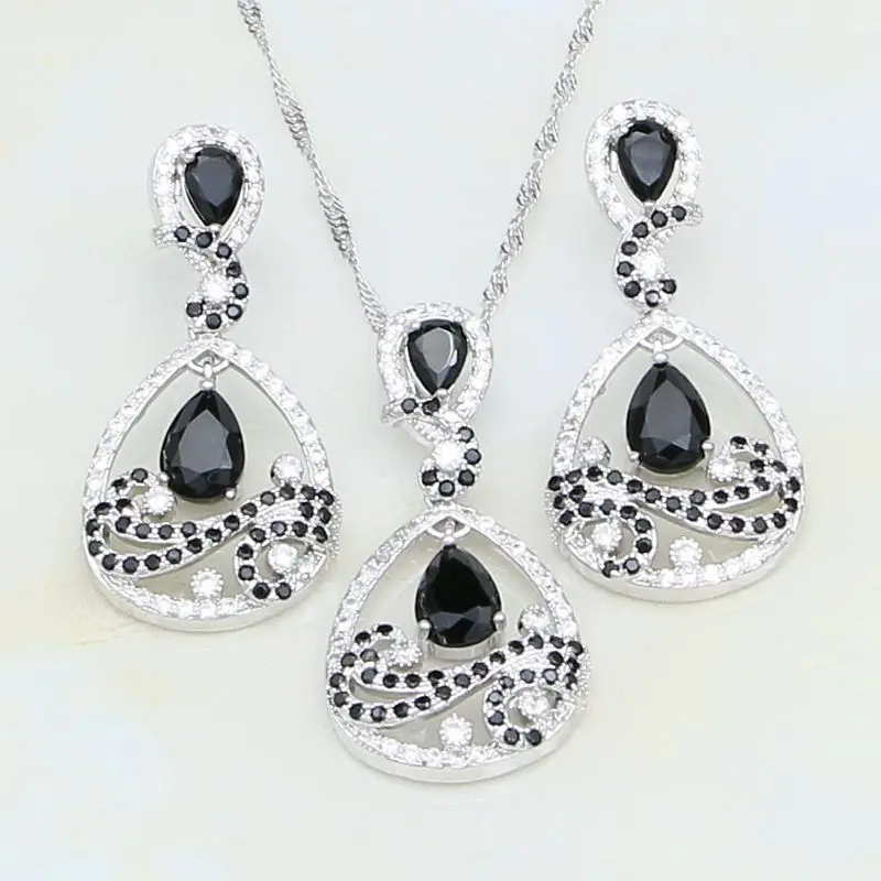 Water Drop Black Rhinestone White Zircon 925 Sterling Silver Jewelry Sets For Women Stud Earrings/Pendant/Necklace/Bracelet