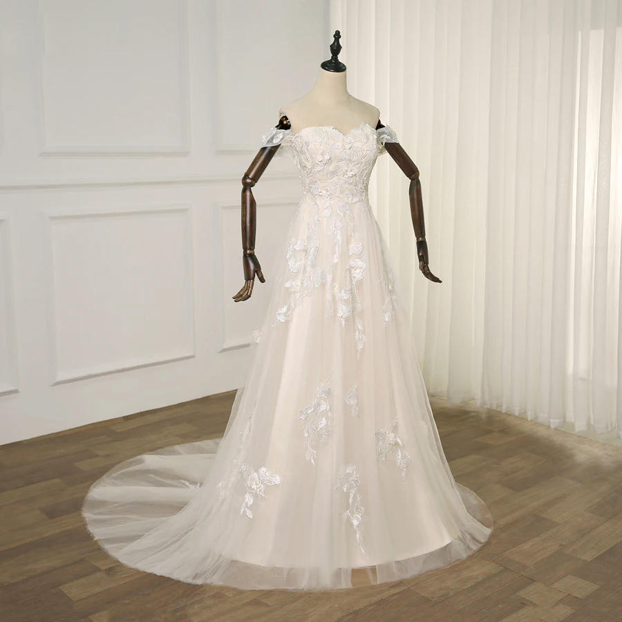 Jiayigong – robe de mariée en dentelle, Champagne, épaules dénudées, ligne A, application, robe de mariée de princesse personnalisée