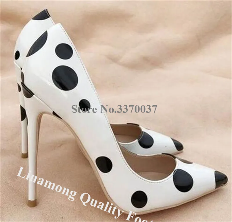 Linamong Designer Pointed Toe Polka Dots Pumps 8cm 10cm 12cm Yellow Red White Wave Points High Heels Big Size Dress Shoes