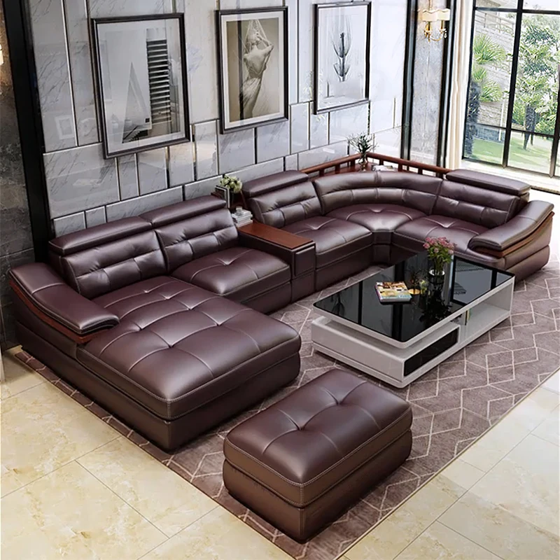 leather sofa U-shaped head-shaped leather simple modern living room leather sofa corner large-family sofa combination