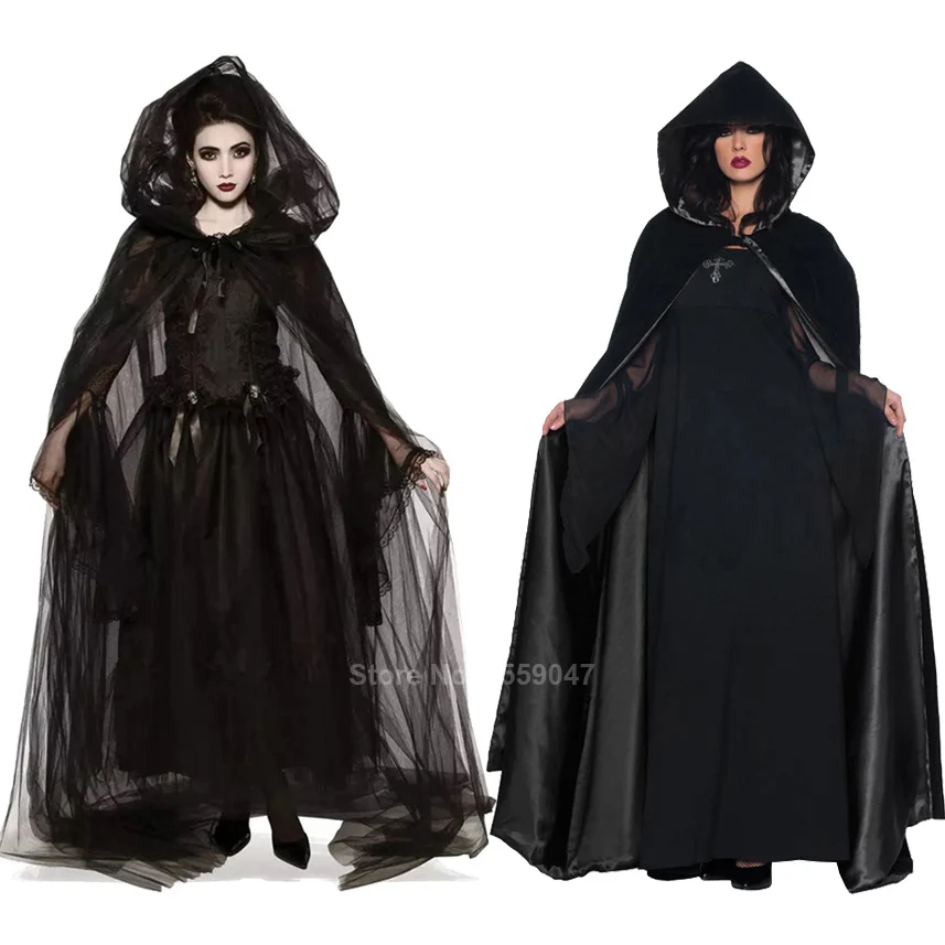 Scary Halloween Costumes for Women Ghost Bride Costume Black Dress Cloak Set Gothic Medieval Dress Vampire Devil Horror Suit