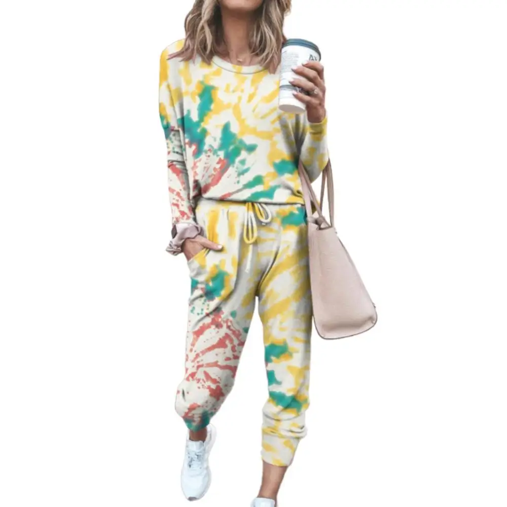 2 pçs calças femininas terno de manga longa tie dye em torno do pescoço calças loungewear pant define conjuntos combinando roupas das senhoras 2022