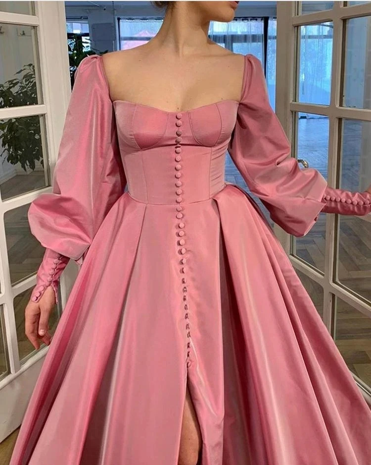 Vestidos de baile cor-de-rosa elegantes, vestidos de noite de tafetá com fenda alta, amor, linha a, vestidos de festa longos com botões