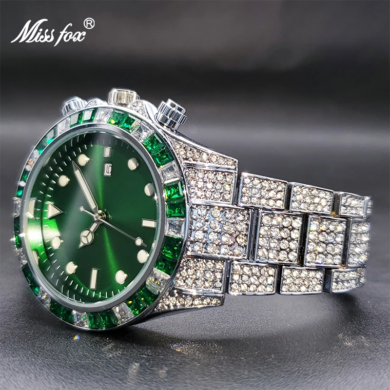 MISSFOX Watch For Men Classic AAA Iced Diamond Watches With Green Baguette Bezel Luminous Waterproof Clock Luxury Gifts For Men