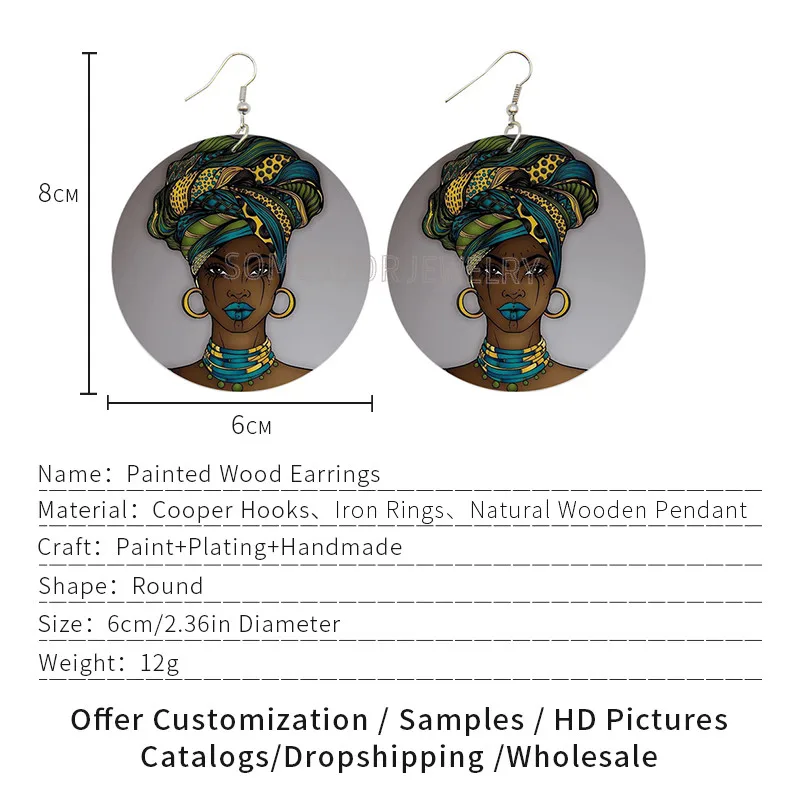 SOMESOOR Afrocentric Fabric Headwrap Woman Painted Black Artstic Natural Wood Drop Earrings 6cm Big Loops Jewelry For Women Gift