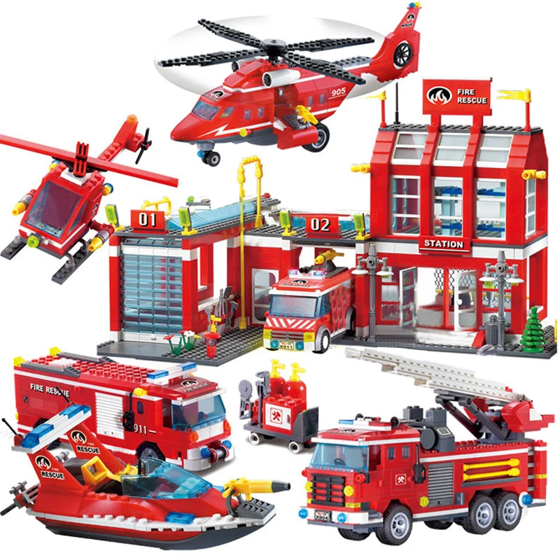 City Fire Station Building Blocks Truck Helicopter Boat Car Firefighter Bricks Assembled DIY Educational Toys For Children Gifts