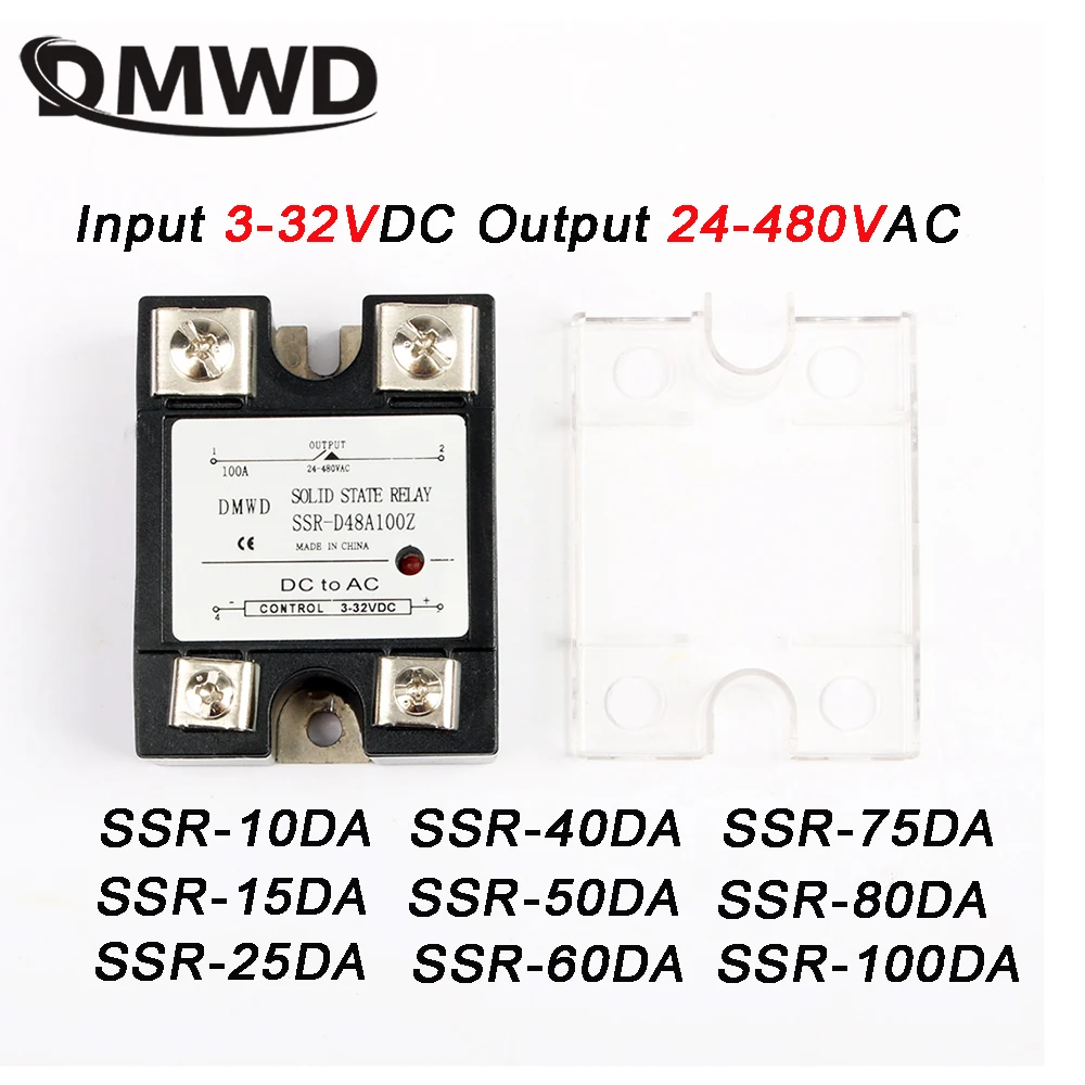 1Pc Solid State Relay SSR-10/14/25/40/50/60/75/80DA 10/14/25/40/50/60/75/80A actually 3-32VDC TO 24-480VAC SSR with indicator